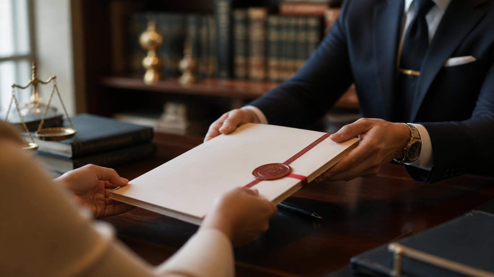 ทนายความของ Thai Notary Law & Service กำลังส่งมอบเอกสารรับรองปิดผนึกให้ลูกค้าที่สำนักงานกรุงเทพฯ