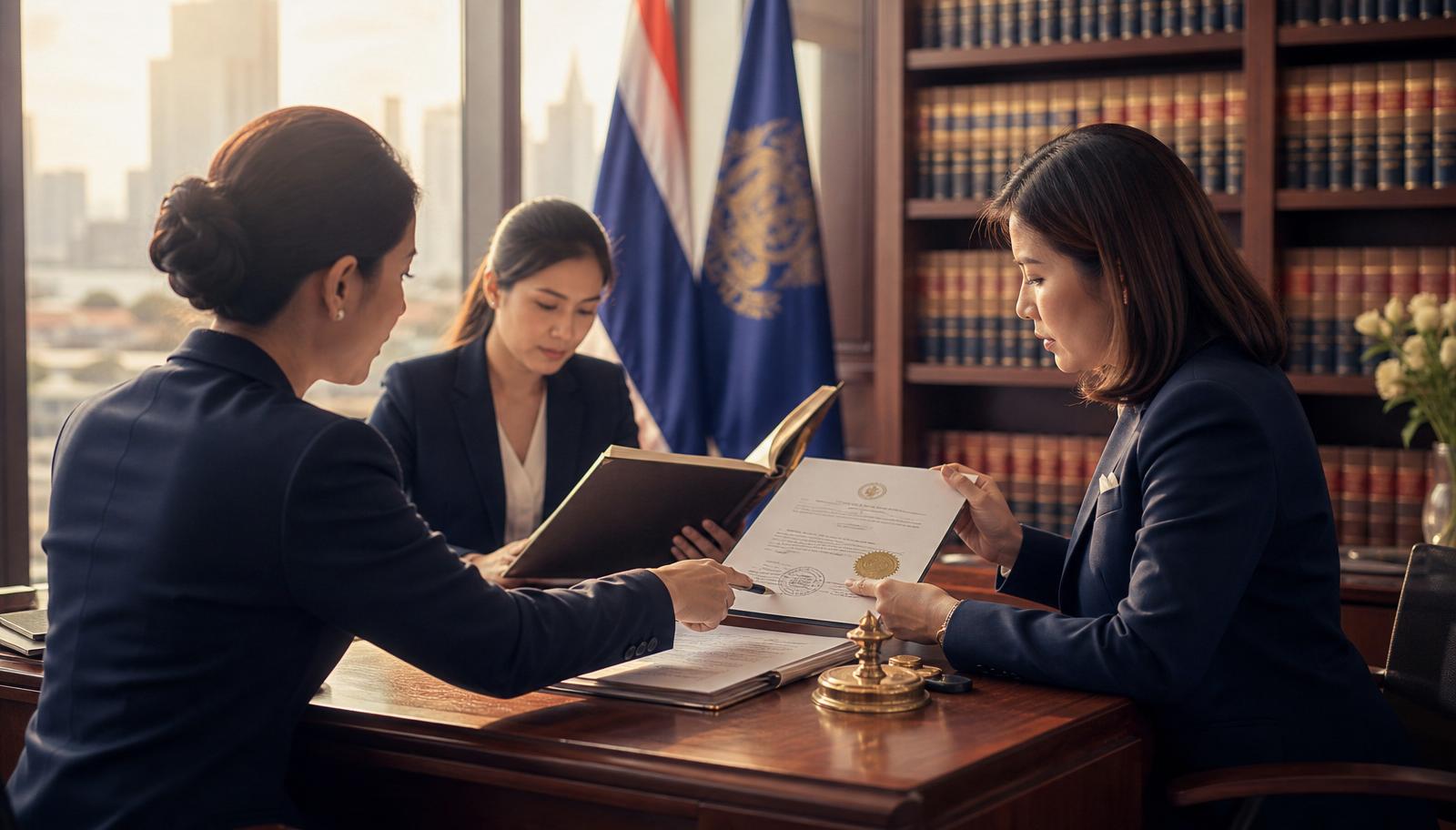 ทีมทนายความ Notary Public Thai Notary Law & Service กำลังตรวจสอบเอกสารรับรองพร้อมตราประทับทองเหลืองในสำนักงานกฎหมายพรีเมียมกรุงเทพฯ