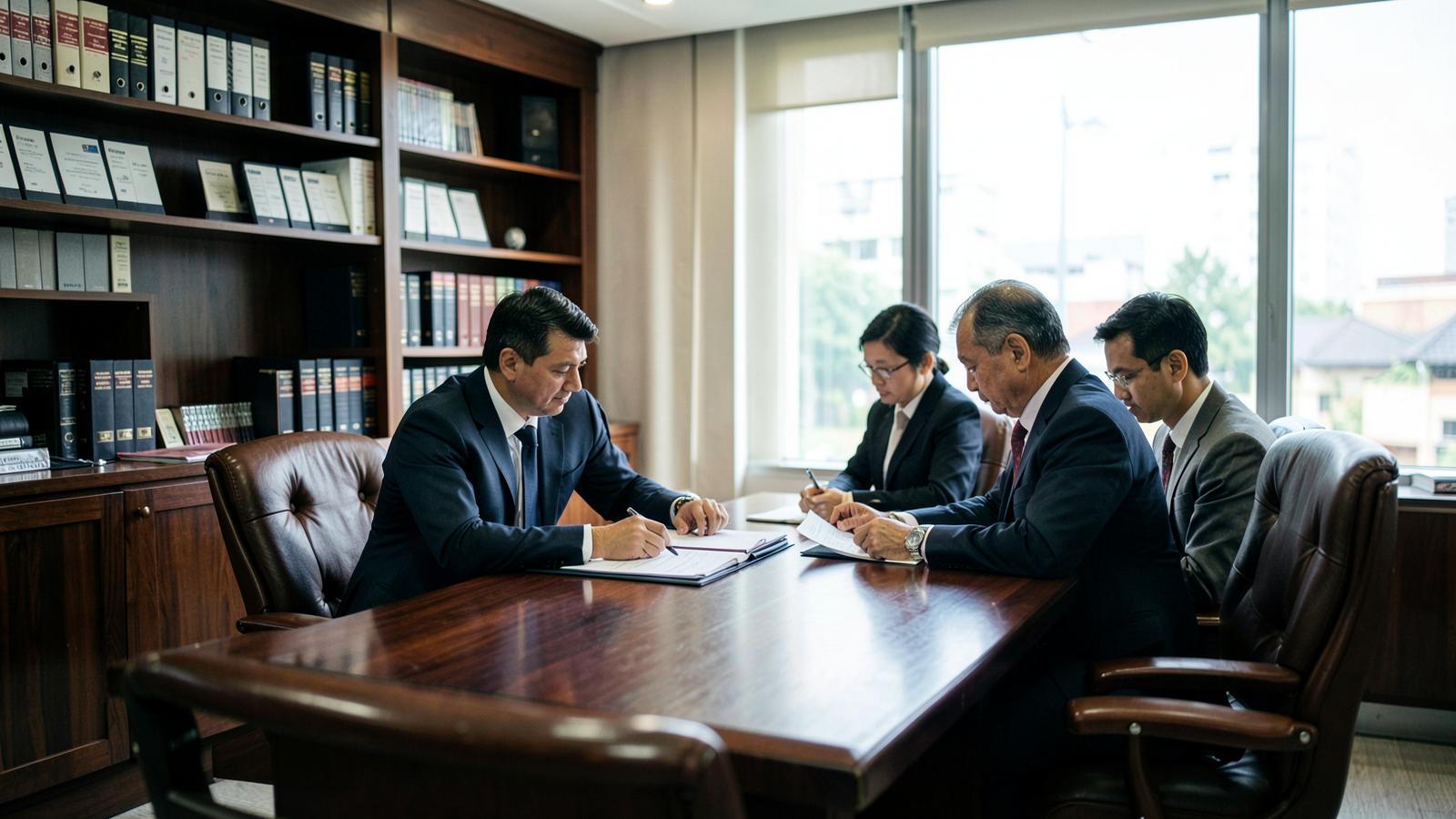 ทนายความและลูกความประชุมร่วมกันที่โต๊ะห้องประชุมของสำนักงานกฎหมายในกรุงเทพฯ